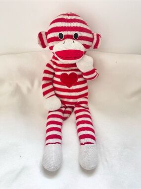 Dan Dee vintage style Striped Red & White Heart Sock Monkey Plush Toy